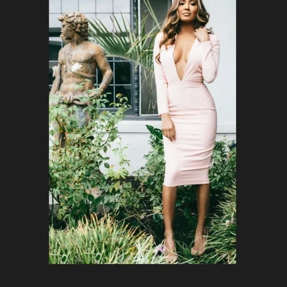 House Of CB Dominique Pink Deep Plunge Bodycon MIDI Dress Medium - Picture 1 of 16